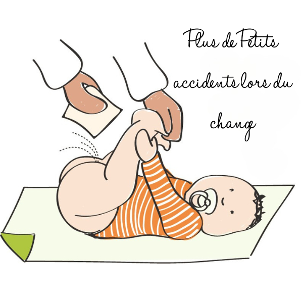 Illustration d'un bébé en body rayé orange sur un tapis à langer, avec une serviette bébé spéciale petits accidents utilisée pour le change.