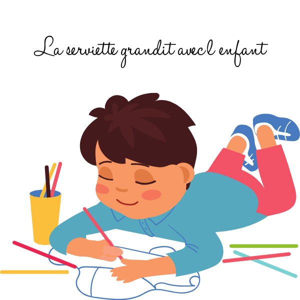 Illustration d'un enfant dessinant sur une serviette bébé spéciale petits accidents, idéale pour protéger des bavouilles et petits accidents.