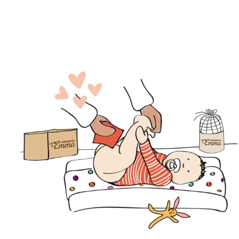 Illustration d'un bébé allongé sur un matelas à langer, avec un adulte utilisant une lingette lavable en bambou couleur pour le nettoyer. Coffret et sac de rangement 'Les Tendances d'Emma' en arrière-plan.